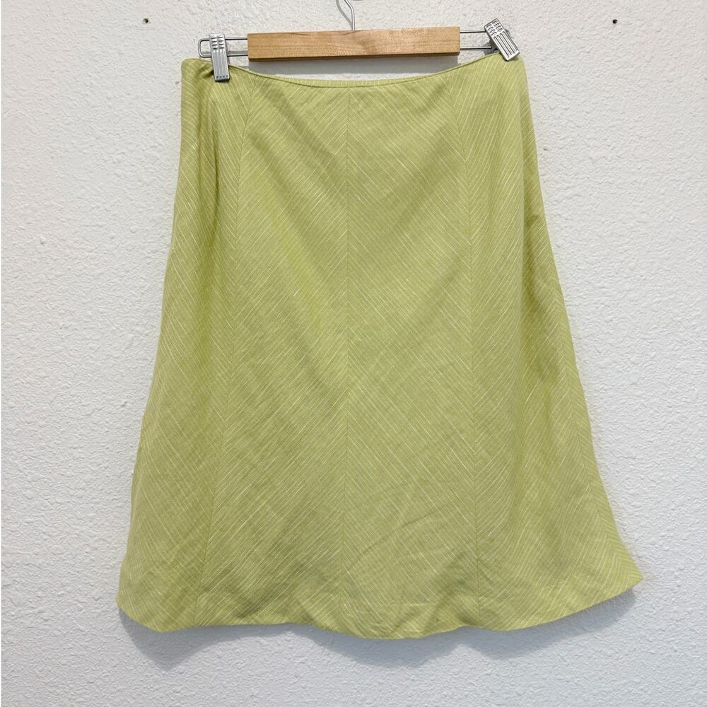 Vintage Ann Taylor Green Linen Skirt Chartreuse Preppy Y2K Pinstripe Midi